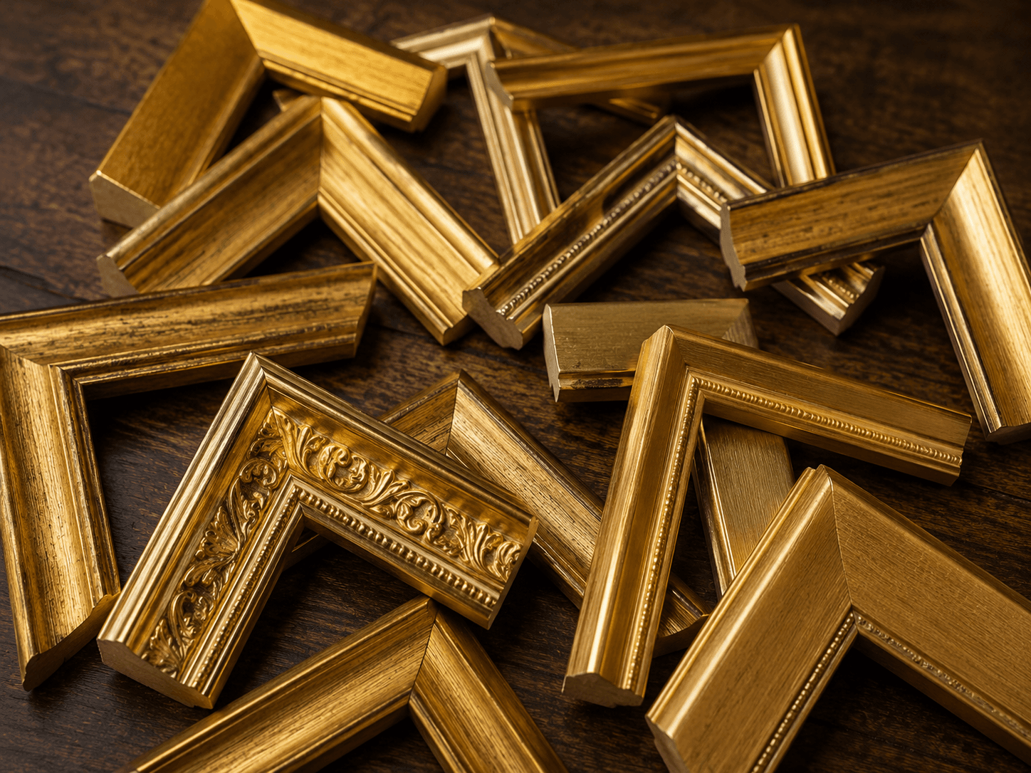 Moldura dourada em madeira folheada a ouro com arabescos