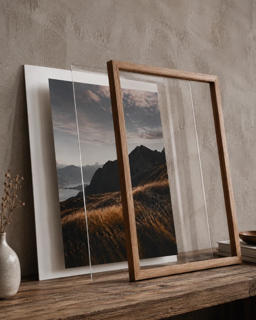 Materiais que compõem a montagem básica: moldura de madeira, vidro e foam board separados