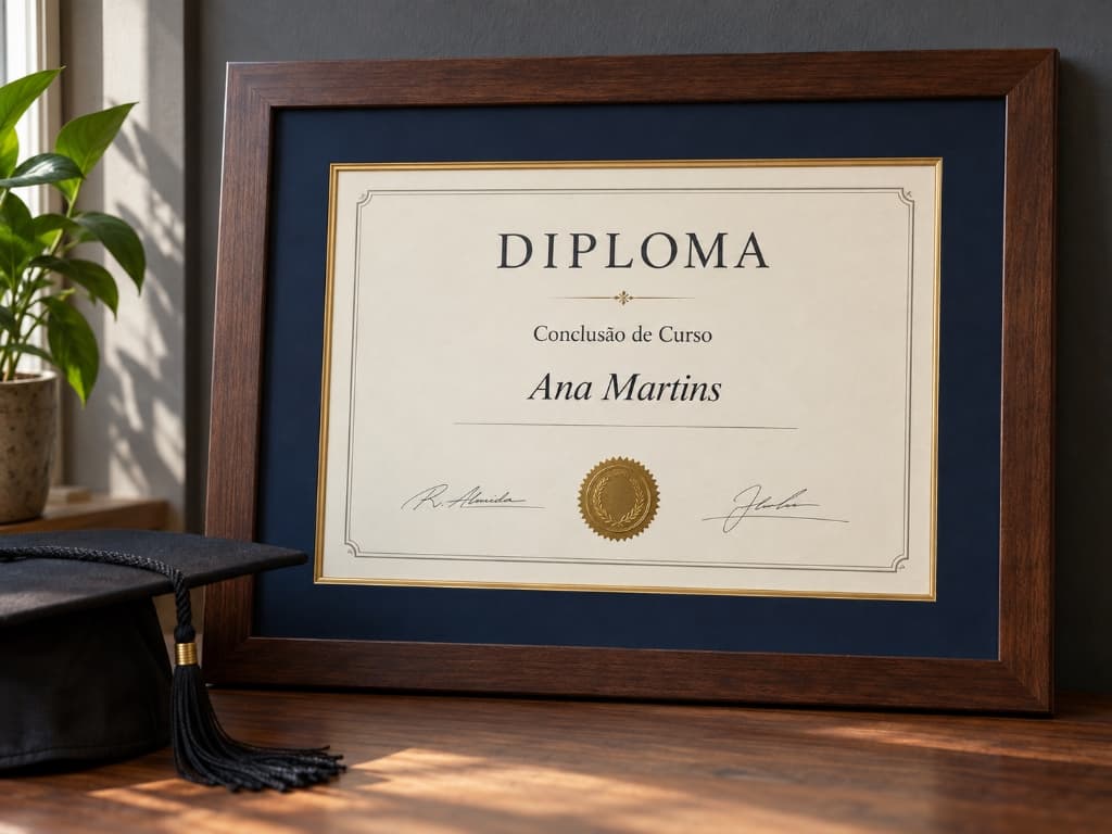 Diploma de formatura e certificado com moldura de madeira nobre e passe-partout azul marinho